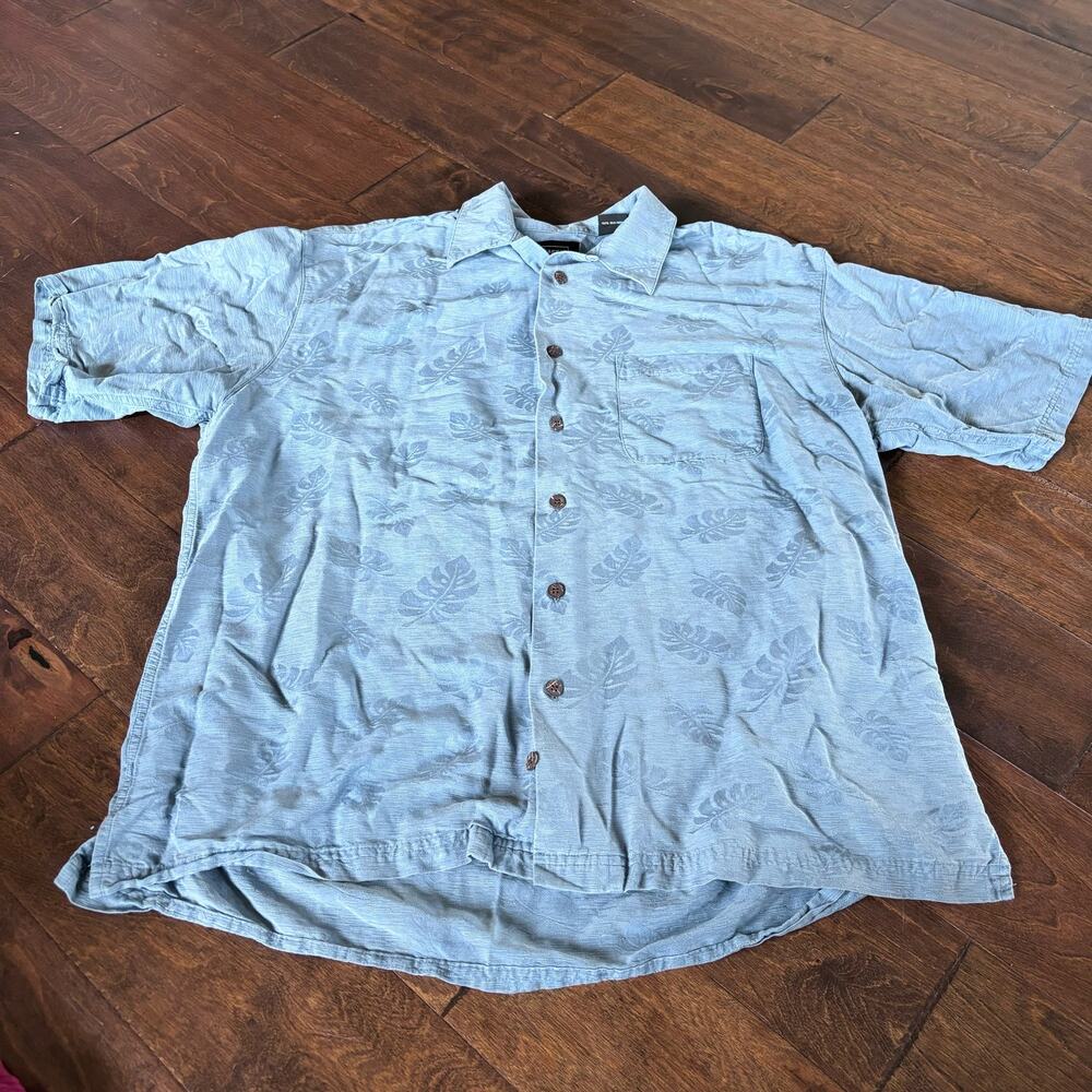 Haggar Men's Large Hawaiian Shirt Blue Palms 100% Silk Button Down
